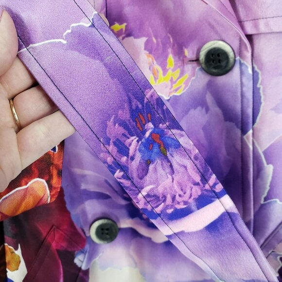 Jason Wu Purple Floral Print Silk Trench Coat Maximalist Art to Wear Eclectic - Picture 12 of 16